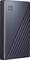 External hard drive with dark casing and diagonal ribbed pattern, 'WD' brand logo in the top left, vertical view.