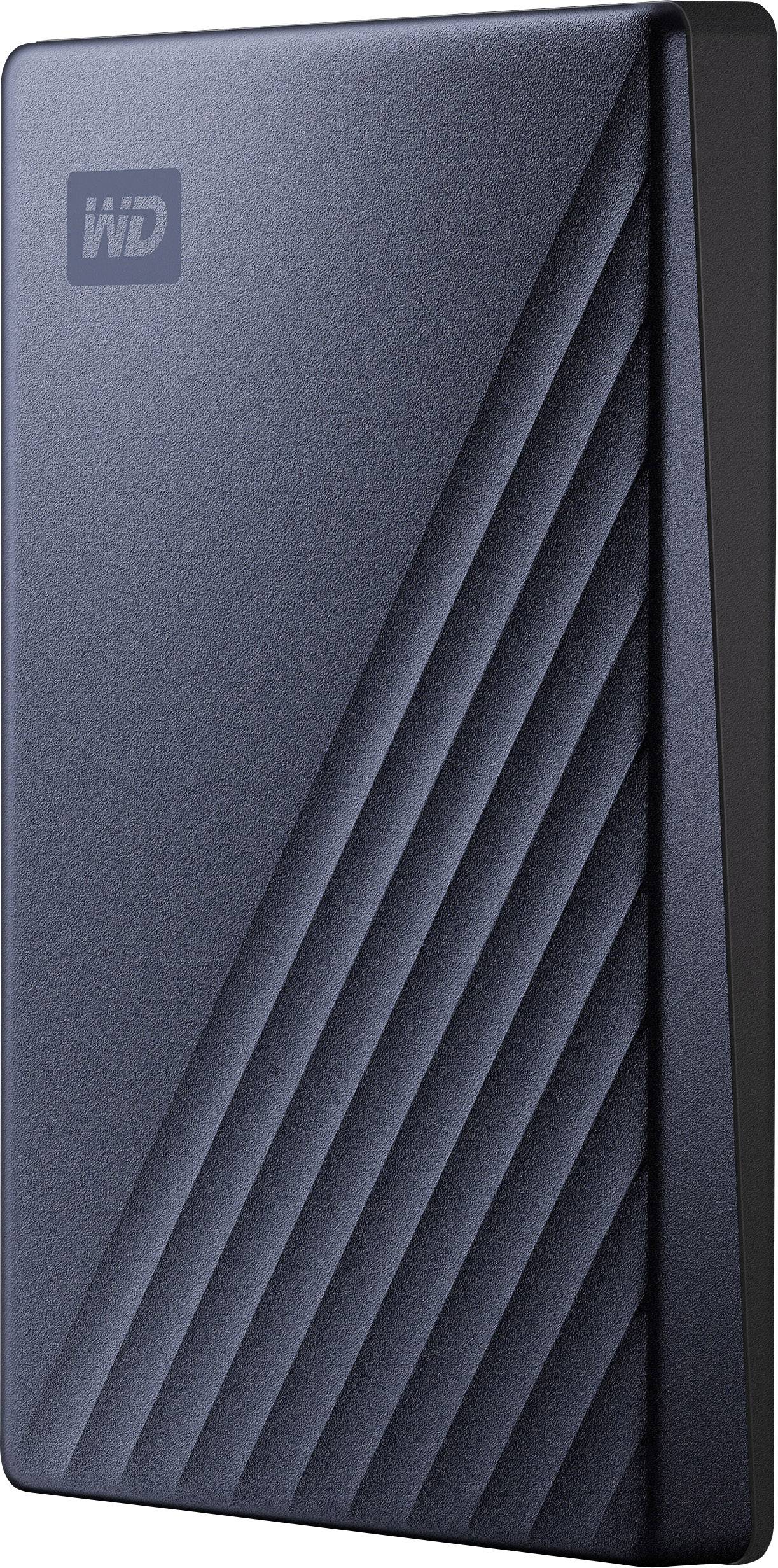 External hard drive, dark grey, with an embossed linear pattern on the surface. Compact and portable storage solution.