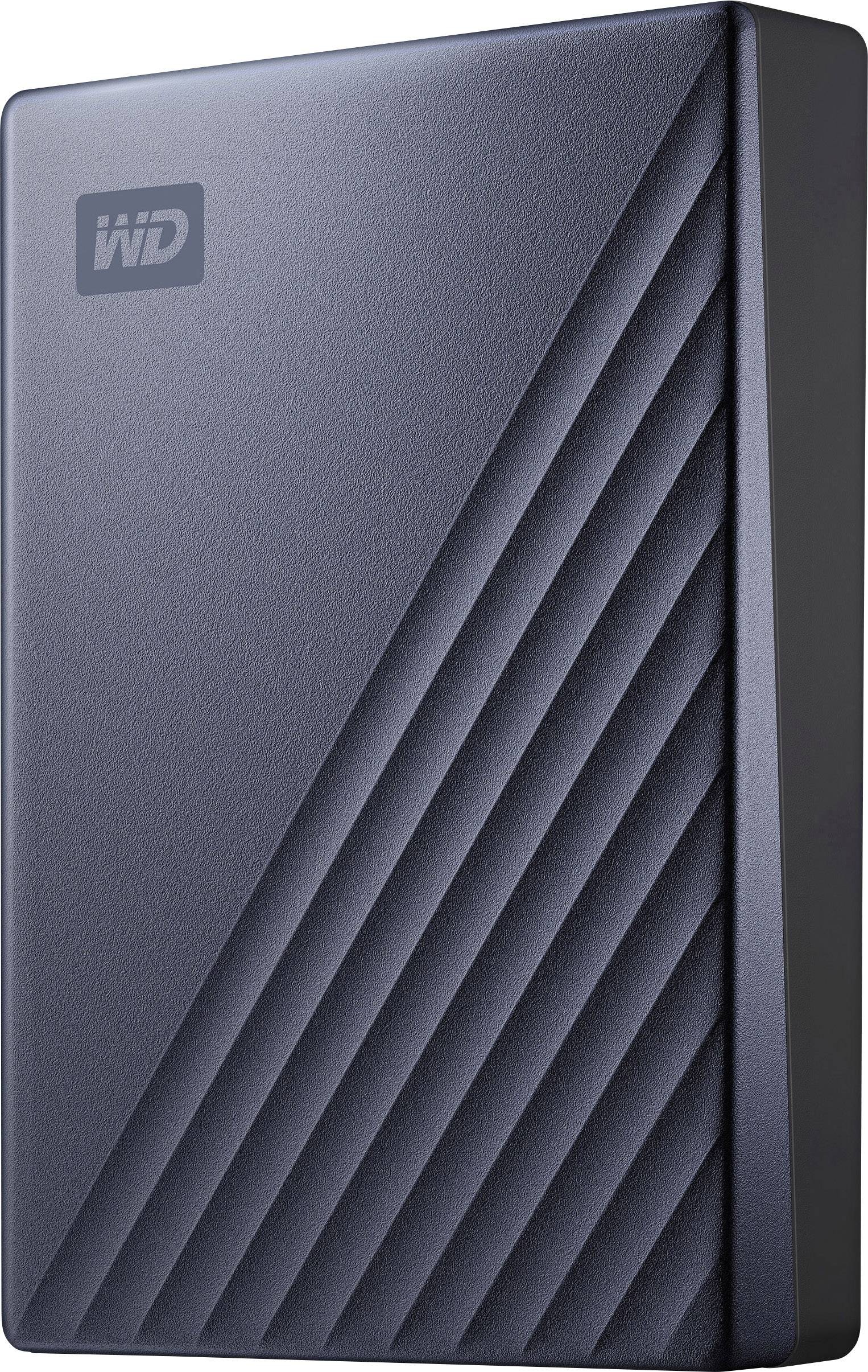 Black external hard drive with Western Digital logo, diagonal lines as design pattern.