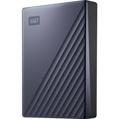 Black external hard drive with Western Digital logo, diagonal lines as design pattern.