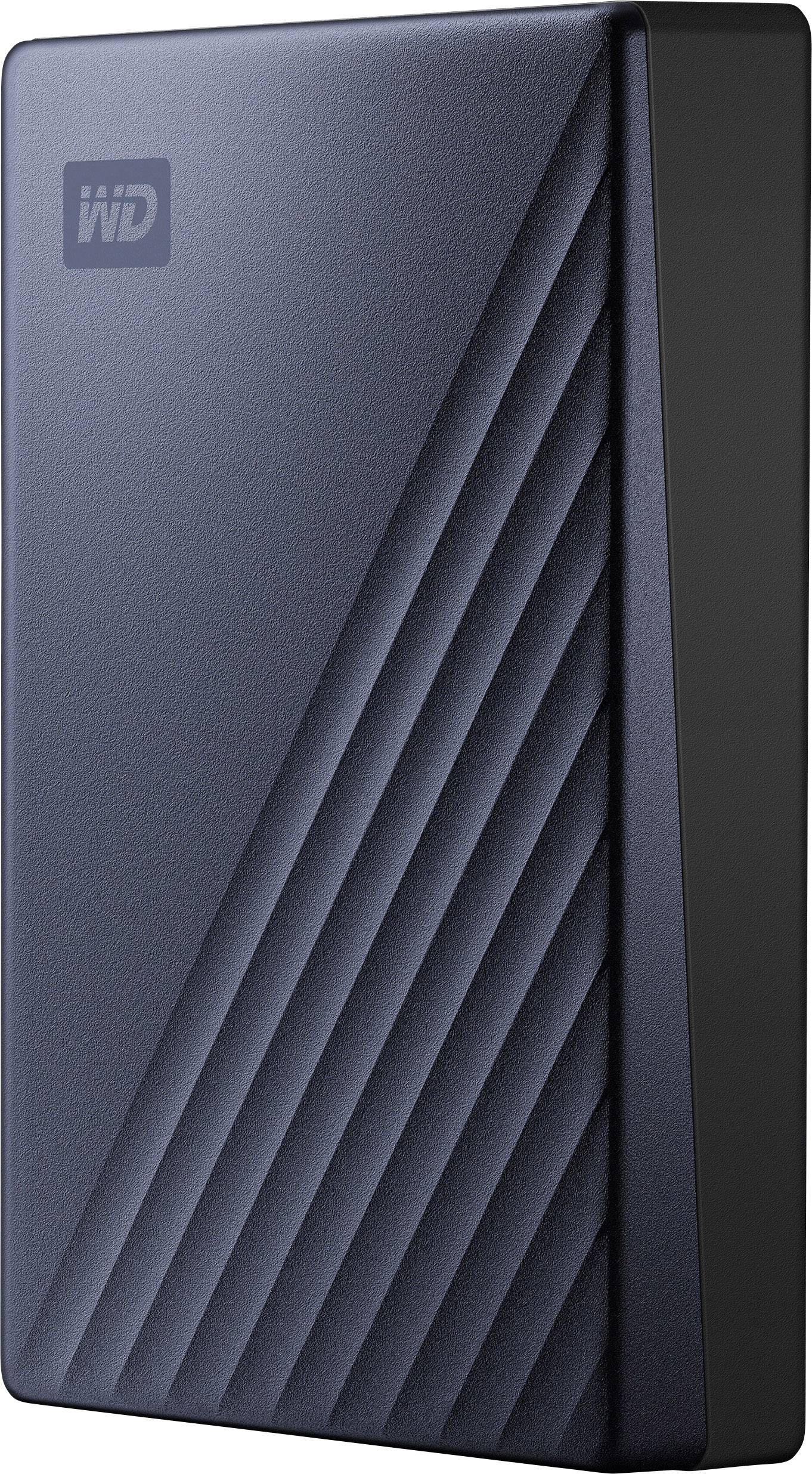 Western Digital external hard drive positioned at an angled perspective. The surface is textured with diagonal lines on the right-hand side.