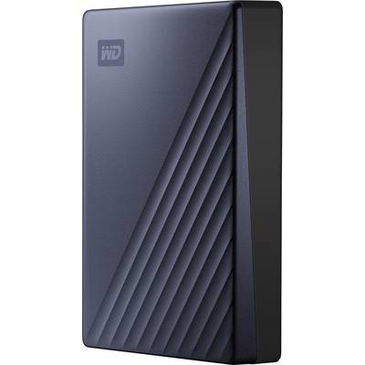 Western Digital external hard drive positioned at an angled perspective. The surface is textured with diagonal lines on the right-hand side.