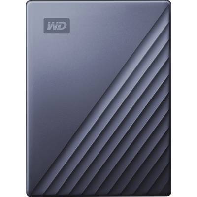 External hard drive in dark blue with diagonal line pattern and 'WD' logo in the top left corner.