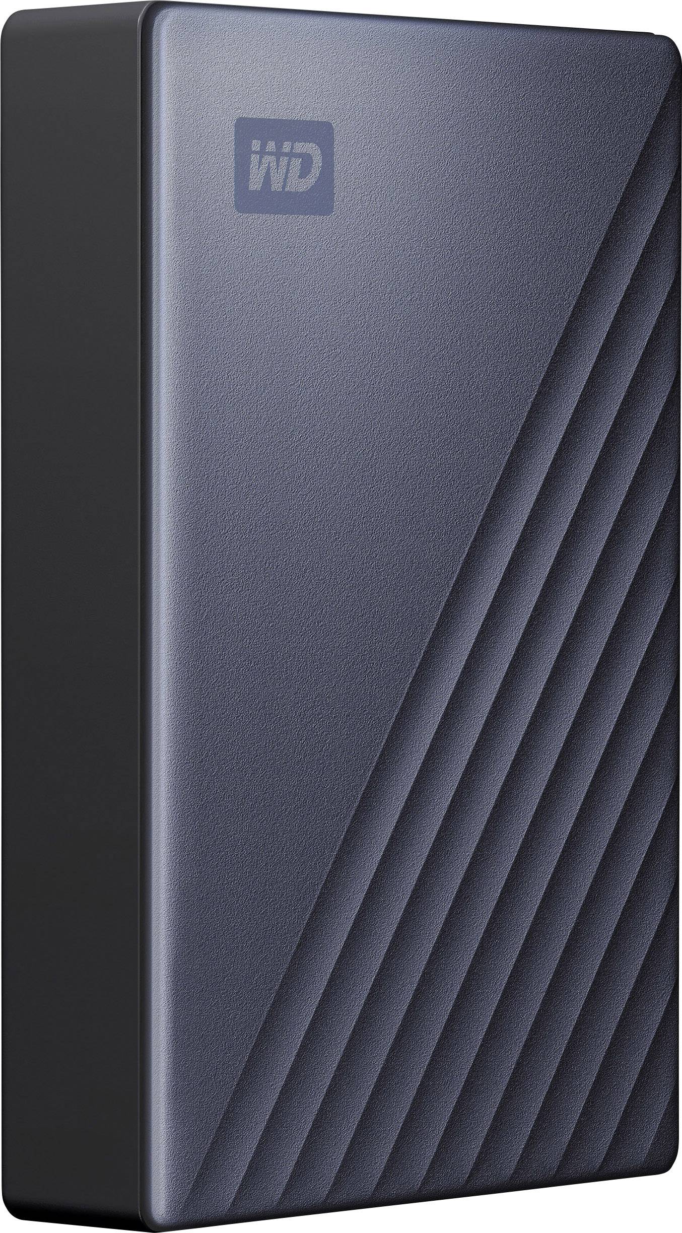 External hard drive in dark grey with diagonal stripes on the front.