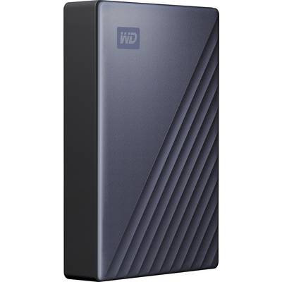 External hard drive in dark grey with diagonal stripes on the front.