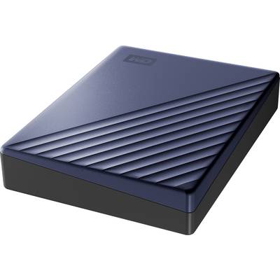 External hard drive in a blue casing with diagonal lines on the surface. Suitable for data backup and storage.