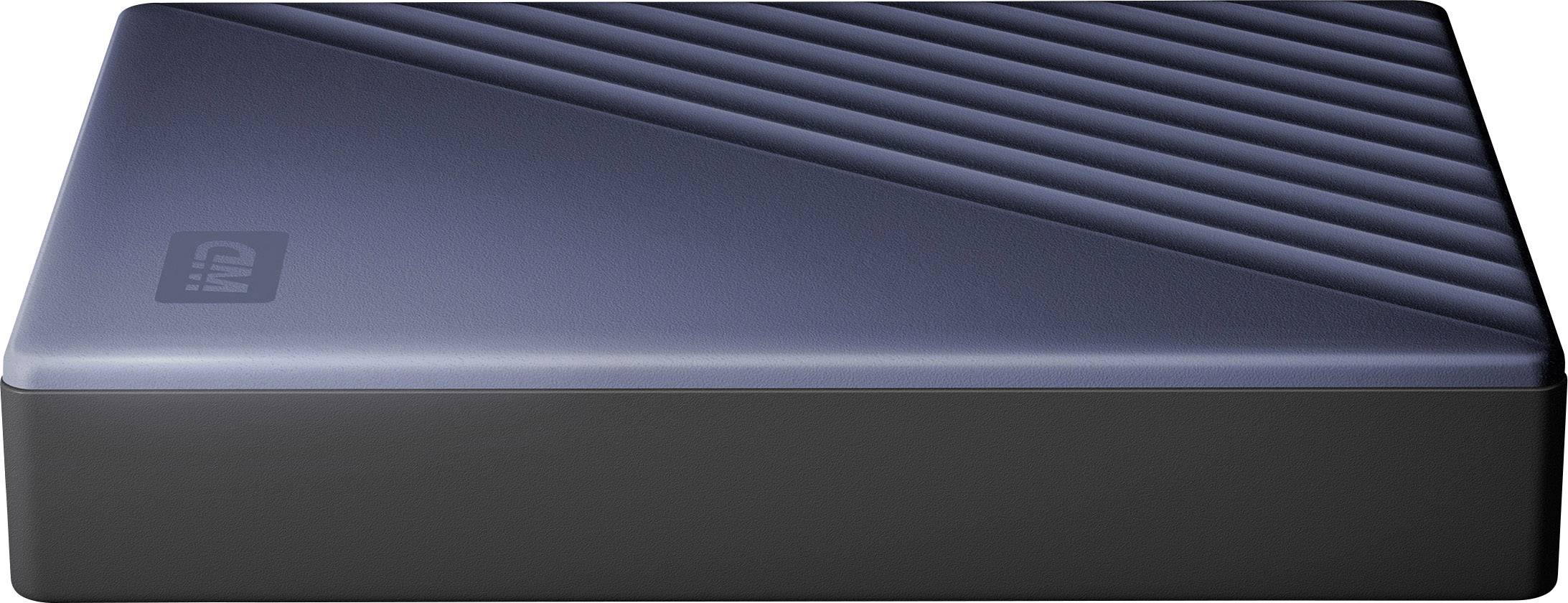 External hard drive with a dark grey geometric design.