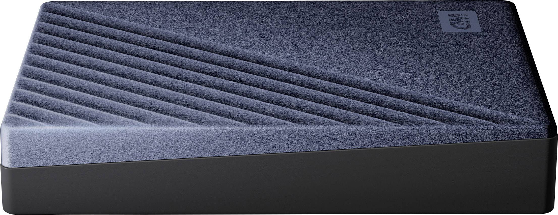 External hard drive with geometric pattern, dark colour, rectangular and flat.