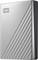 Silver external hard drive with diagonal stripes and 'WD' logo in the top left, suitable for data storage and backup.