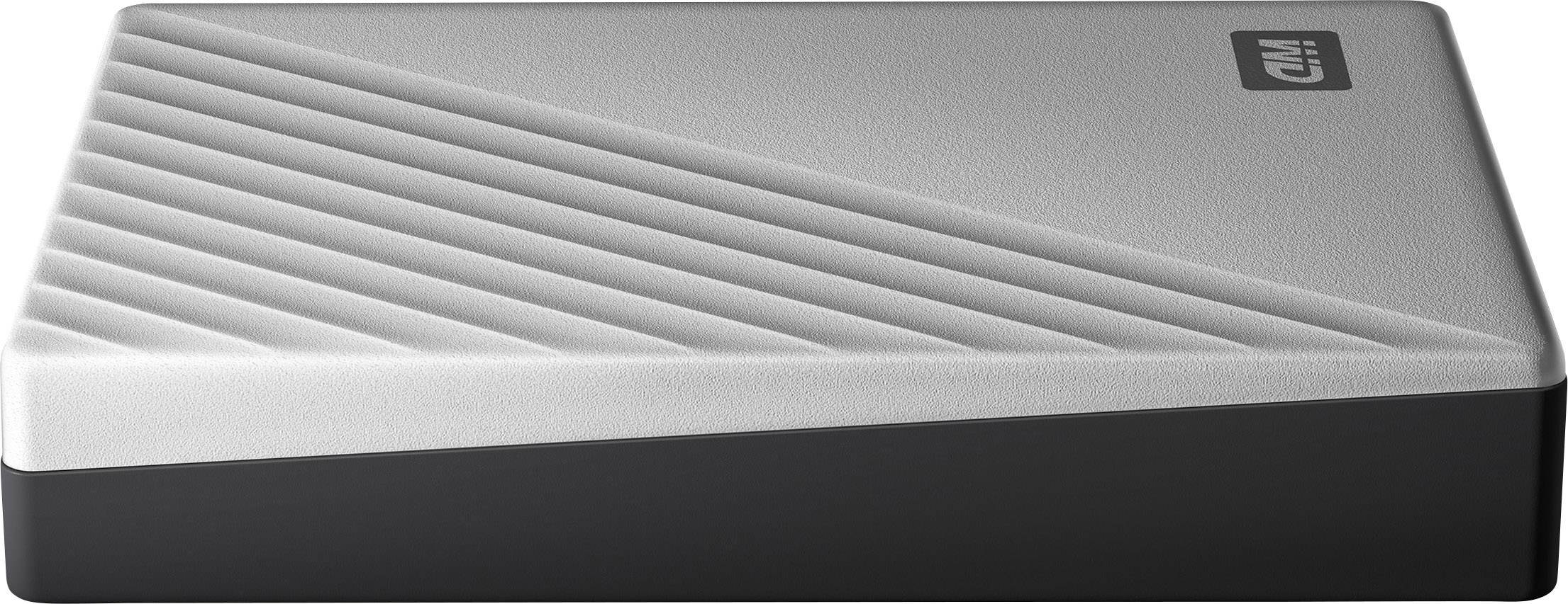 External hard drive with a white, textured top surface and a simple black stripe along the bottom, manufacturer's logo positioned in the top right corner.