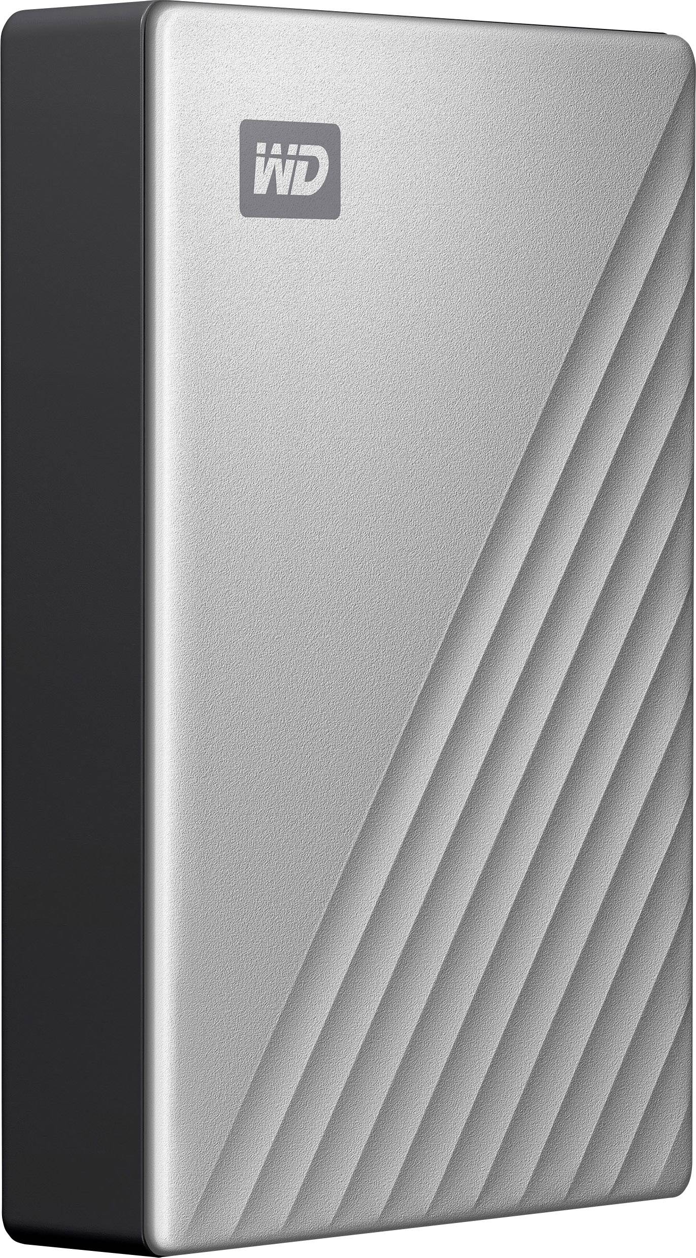 Silver external hard drive with diagonal lines on the front, brand logo in the top left corner, black side view.