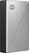 Silver external hard drive with diagonal lines on the front, brand logo in the top left corner, black side view.