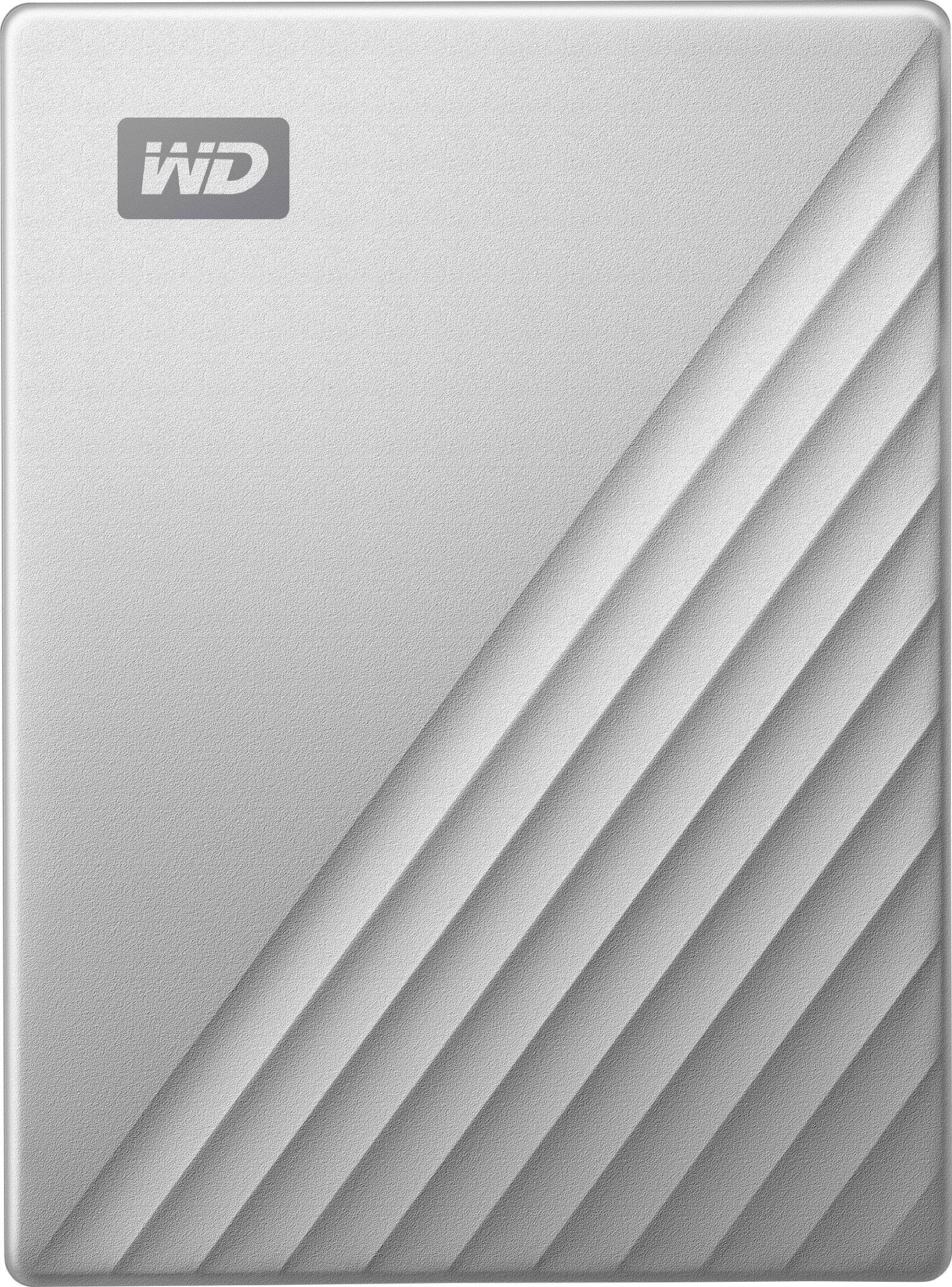 A silver external hard drive with diagonal stripes and the WD logo in the top left corner.