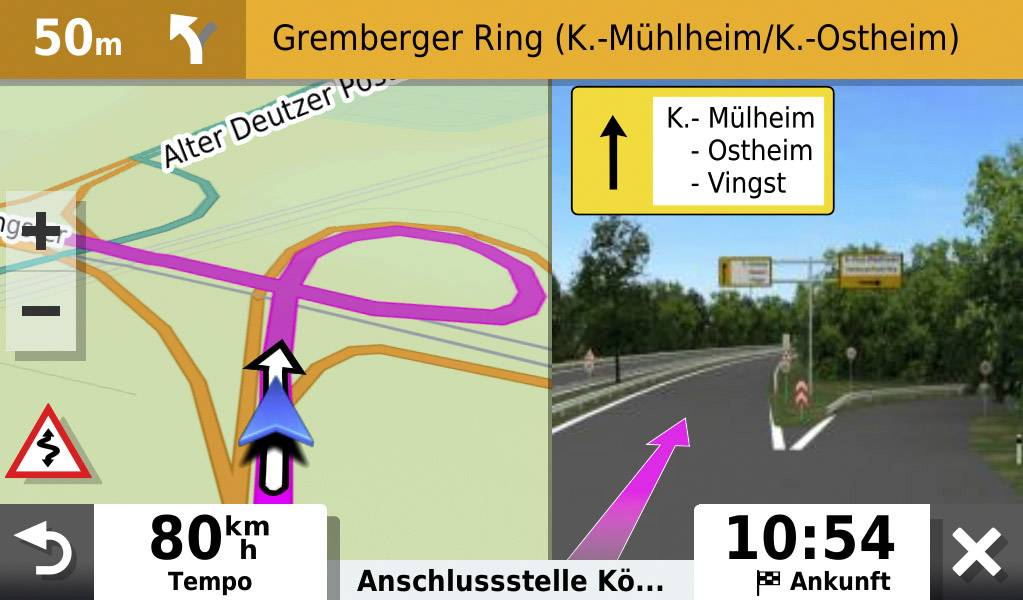 Navigation device shows motorway exit in 50m with destination 'Gremberger Ring'. Speed 80 km/h. Arrival at 10:54 am.