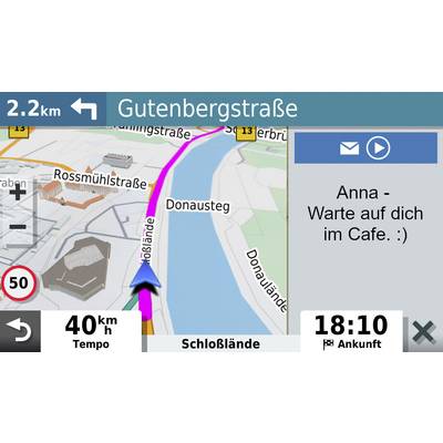 'Navigation screen shows route to Gutenbergstraße, remaining distance 2.2 km, arrival at 6:10 pm. Message: Anna - Waiting for you at the cafe. :)'