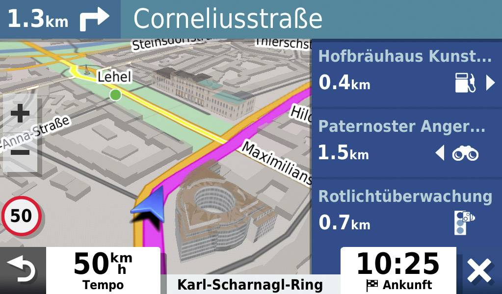 Navigation screen shows map with destination 'Cornelius Street', distance 1.3 km. Information: Maximum speed 50 km/h, arrival at 10:25 am.