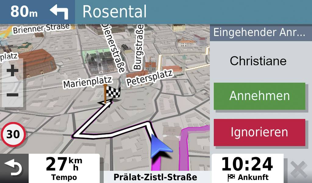 Satellite navigation shows route on map to Rosental, speed 27 km/h, arrival at 10:24. Incoming call from Christiane, options: Answer, Ignore.