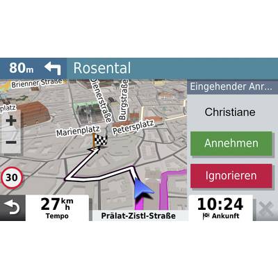 Satellite navigation shows route on map to Rosental, speed 27 km/h, arrival at 10:24. Incoming call from Christiane, options: Answer, Ignore.