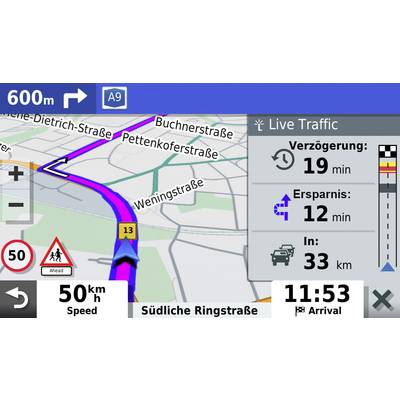 Satellite navigation shows route along 'Southern Ring Road' with live traffic data: 19-minute delay, 12-minute saving, distance 33 km.