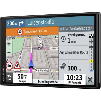 Navigation device shows '200 m to Luisenstrasse', speed limit of 50 km/h, delay of 1 minute, arrival at 10:23.