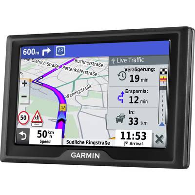 A satellite navigation device shows a left turn in 600 m on the A9. Delay: 19 mins, Time saved: 12 mins, Remaining distance: 33 km. Estimated arrival: 11:53.
