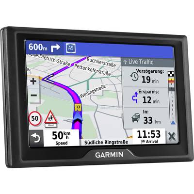A GPS navigation device shows a route with traffic information: 19-minute delay, 12-minute savings, arrival in 33 km.