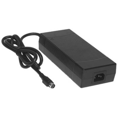 A black laptop power adapter with a power cable. The adapter has a ribbed design.