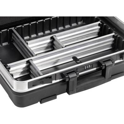 A black open briefcase with silver dividers, perfect for organising documents or electronic devices.