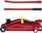 Red jack with removable lifting rod, two wheels and a yellow safety lever.