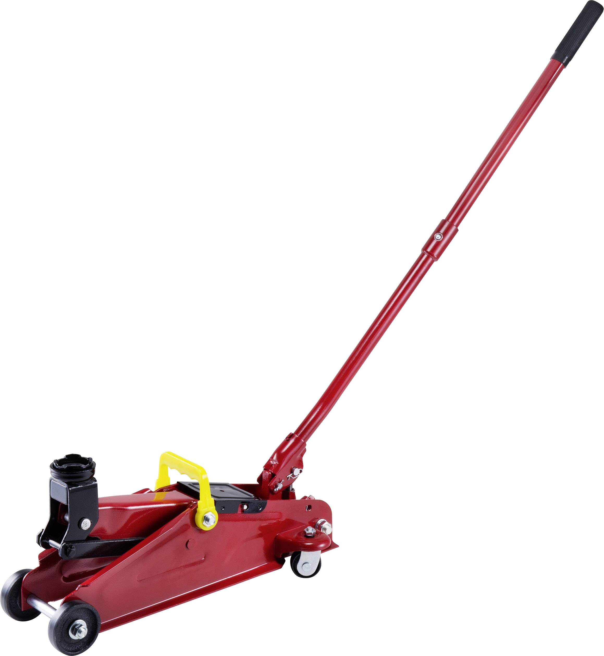 Red car jack with a long lever and black wheels on a white background.