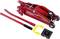 Red hydraulic jack with lever and accessories, used for lifting vehicles during repairs or inspections.