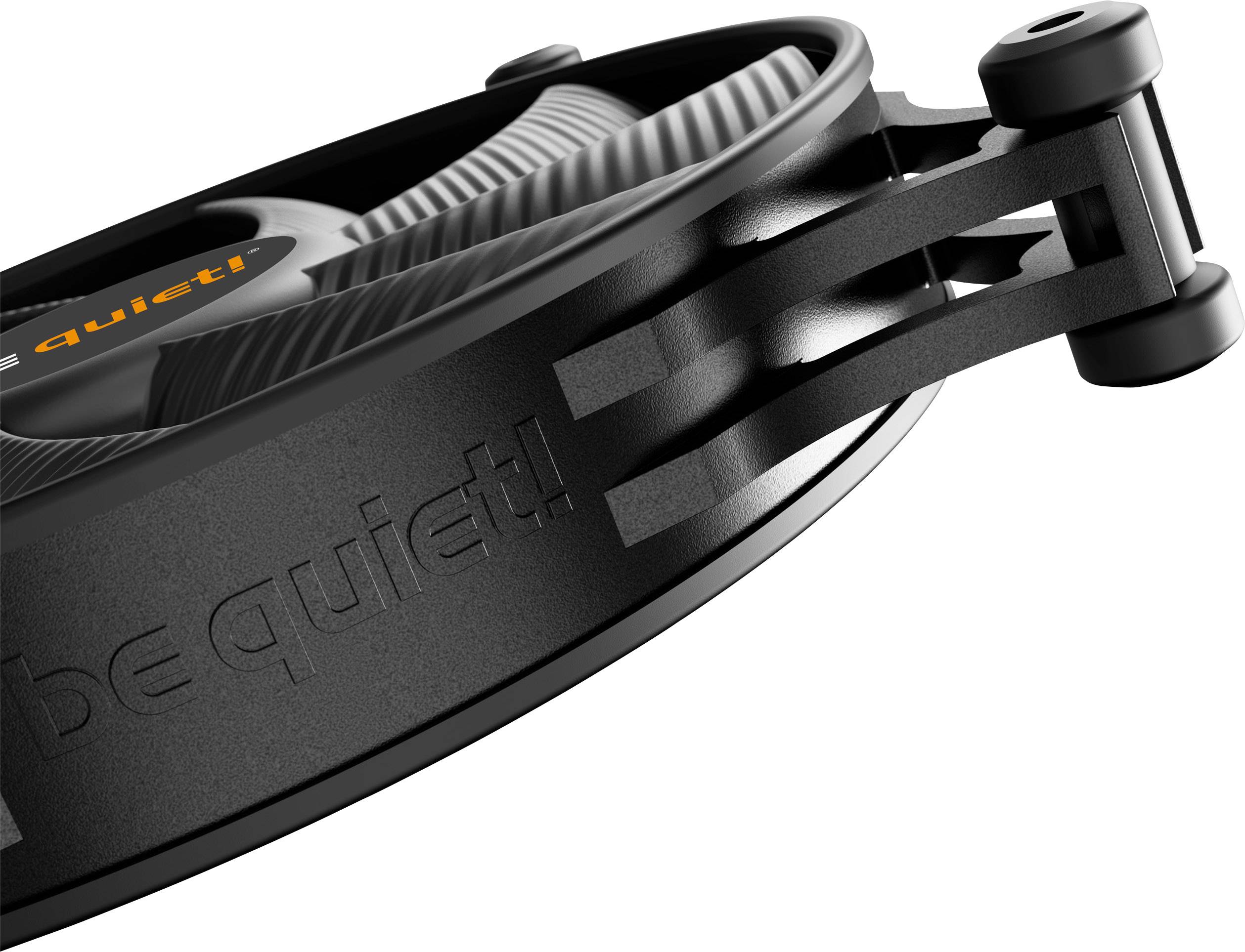 Close-up of a black computer fan with brand logo. Shows fan blade details and structural design.