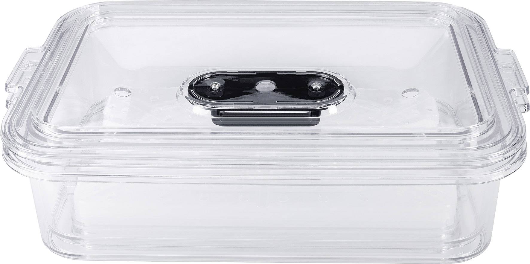 Plastic storage box with a transparent lid and side locks. Suitable for storing food or household items.