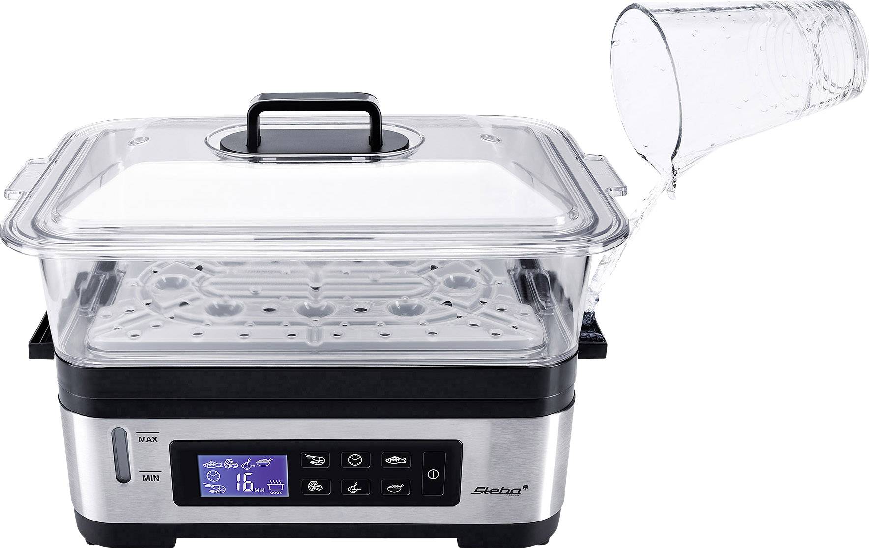 Steam cooker with transparent lid and digital display. Water is poured into the container. Display shows symbols and temperature.