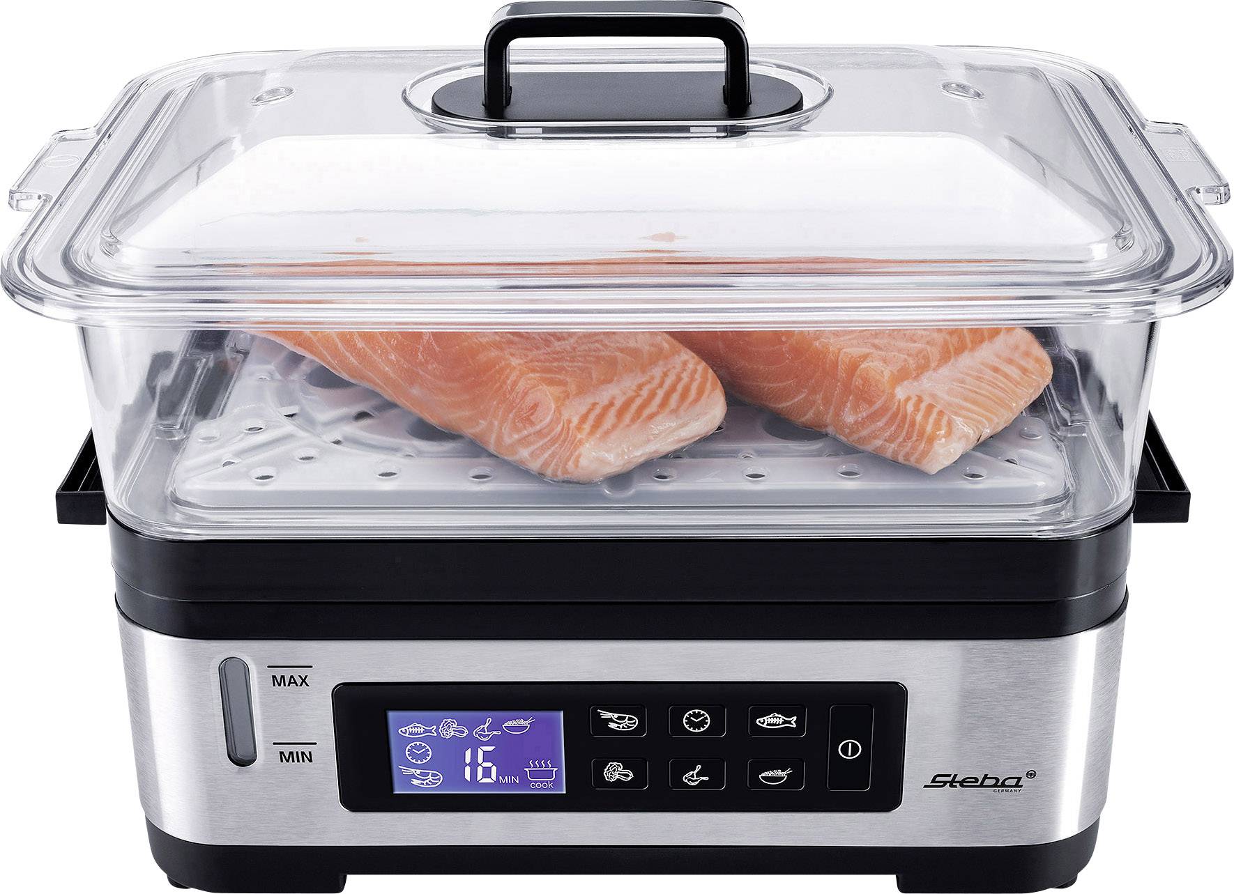 A steam oven with salmon fillets on the rack. The digital display shows 16 minutes.