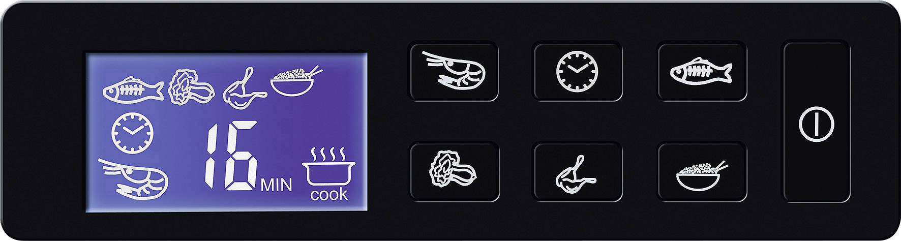 Digital display of a microwave oven with symbols for different cooking modes, timer set to 16 minutes, cooking mode activated.