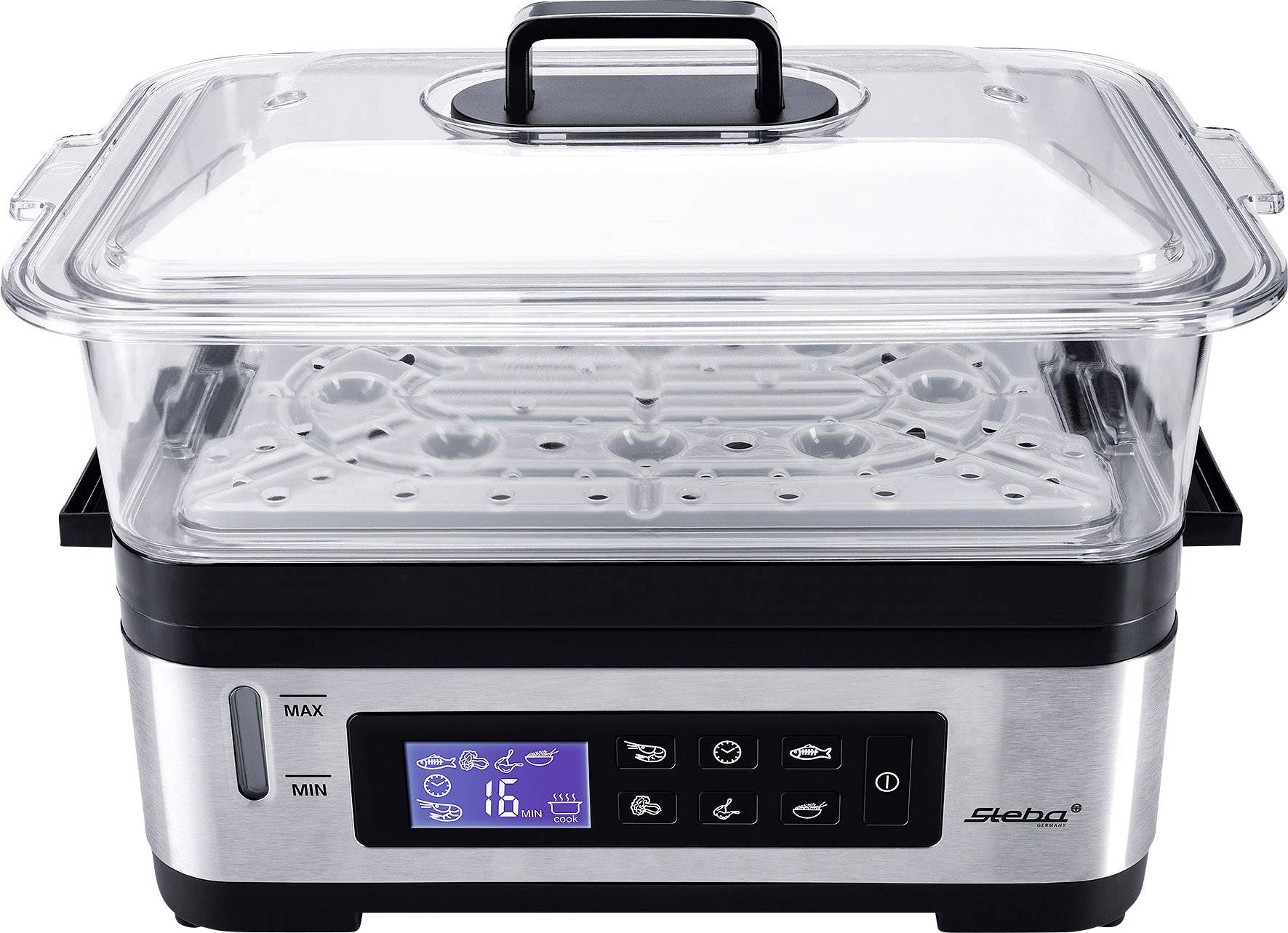 Stainless steel steam cooker with transparent lid and digital display. Shows various cooking modes and temperature.
