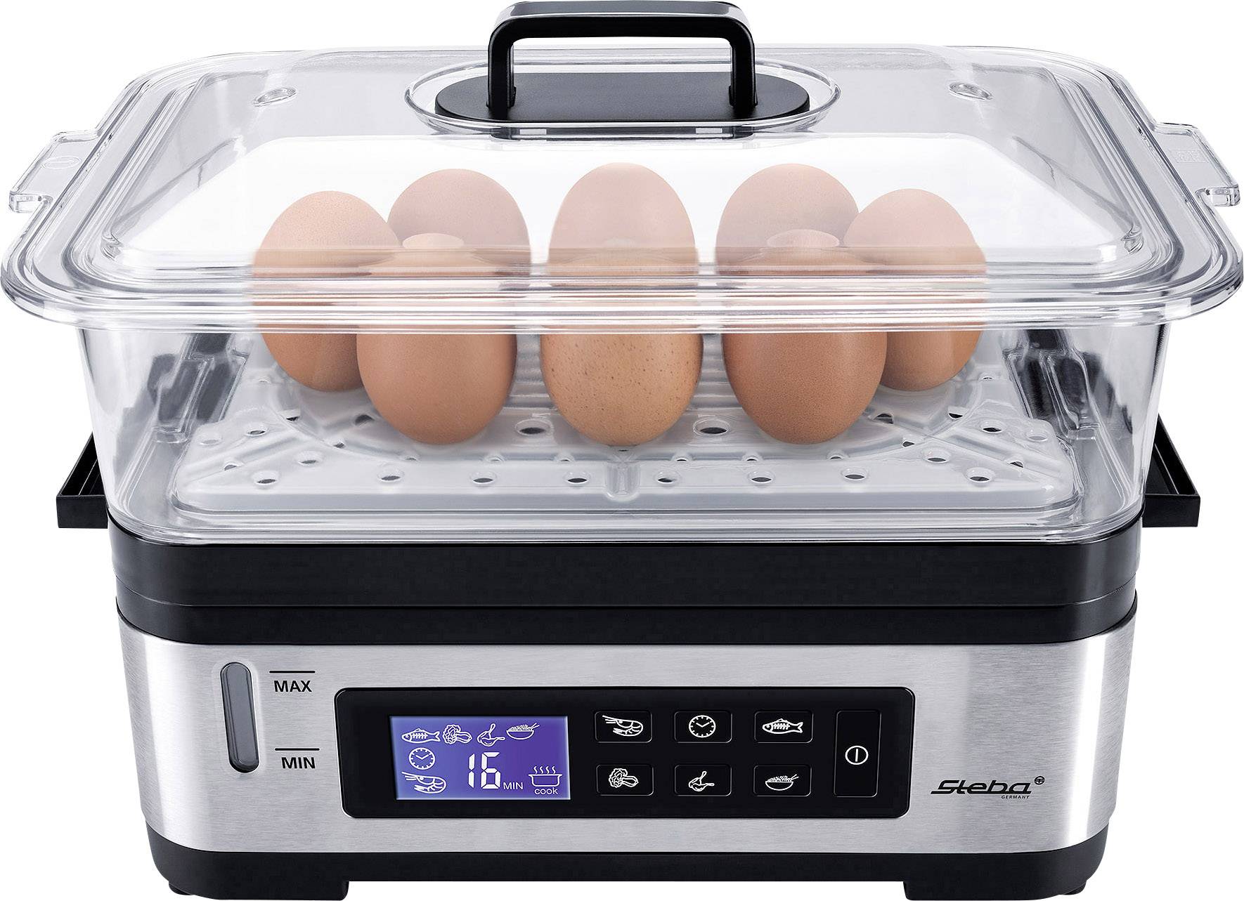 A stainless steel electric steamer with a transparent lid is steaming eight brown eggs. The digital display shows 16 minutes.
