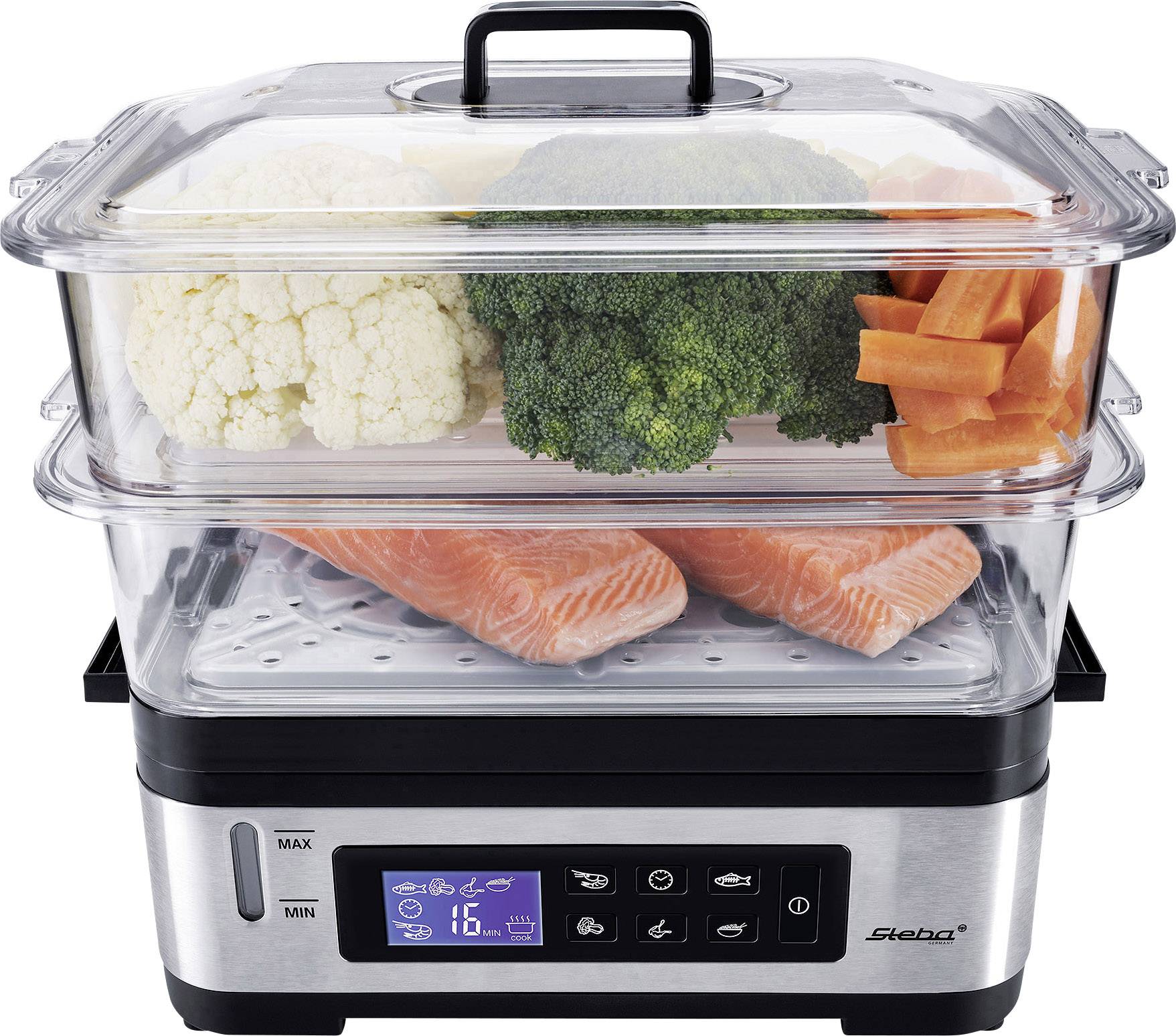 A two-tier steamer. The upper tier contains cauliflower, broccoli and carrots. The lower tier contains salmon fillets.