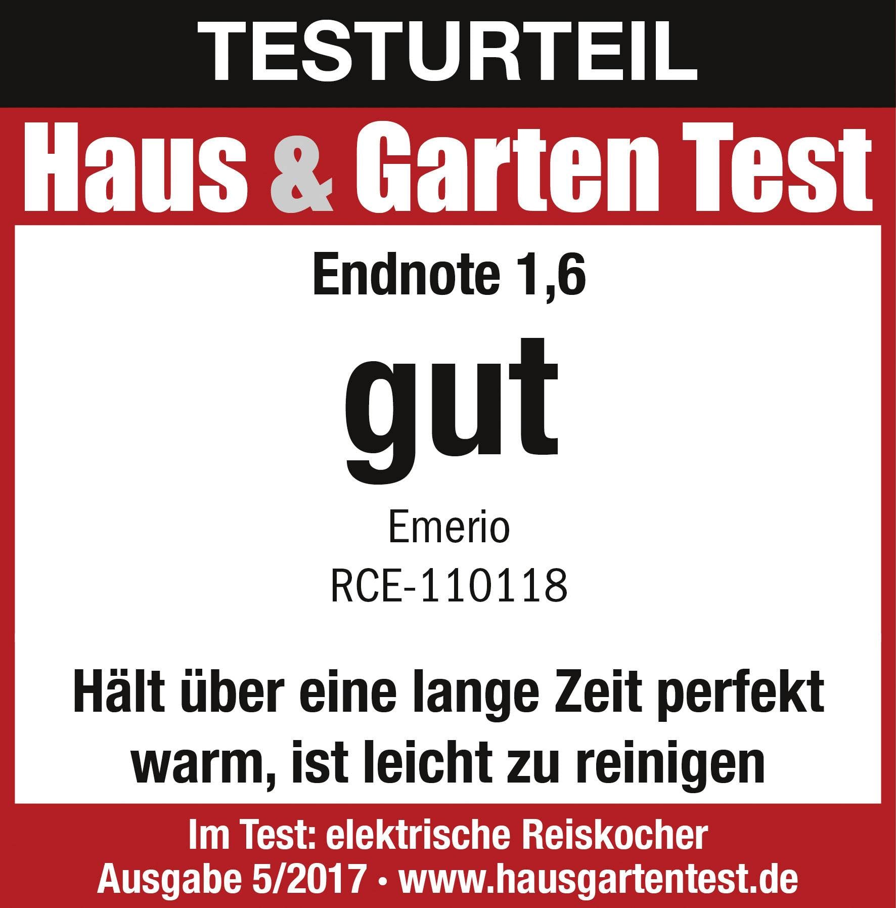 'Test verdict from Haus & Garten Test: Final score 1.6, good. Emerio RCE-110118. Stays warm for a long time, easy to clean. Issue 5/2017.'