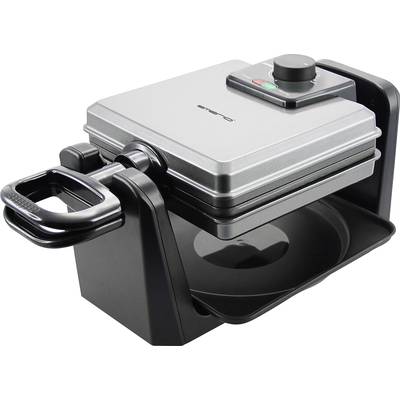 A silver electric waffle maker with a rotating function, sitting on a black base. It has a handle and a timer button on top.