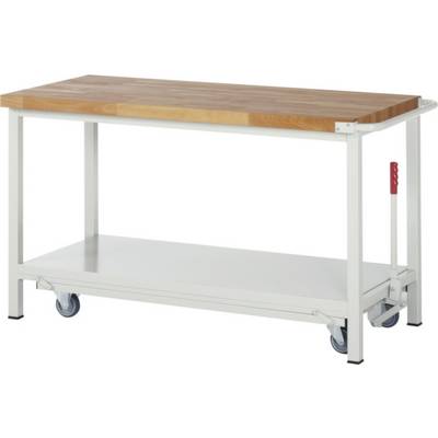 A mobile work table with a wooden top, metal frame and four castors, including a storage shelf. Perfect for flexible workspaces.