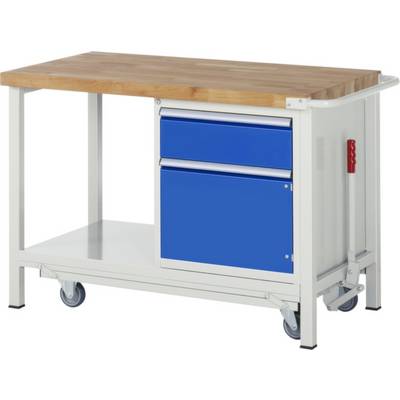 Mobile workbench with wooden top and blue double drawer. Suitable for workshops to provide mobile work support.
