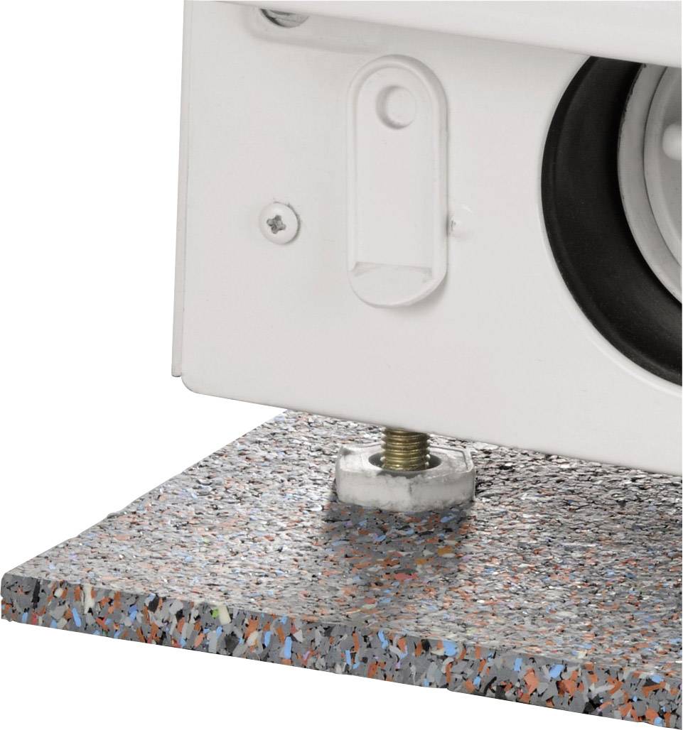 A white appliance on a vibration-dampening base with an adjustable stand. The base is grey with colourful speckles.