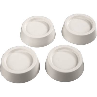 Four white, round furniture coasters made of plastic, arranged in a 2x2 layout. They are smooth and appear to be sturdy.