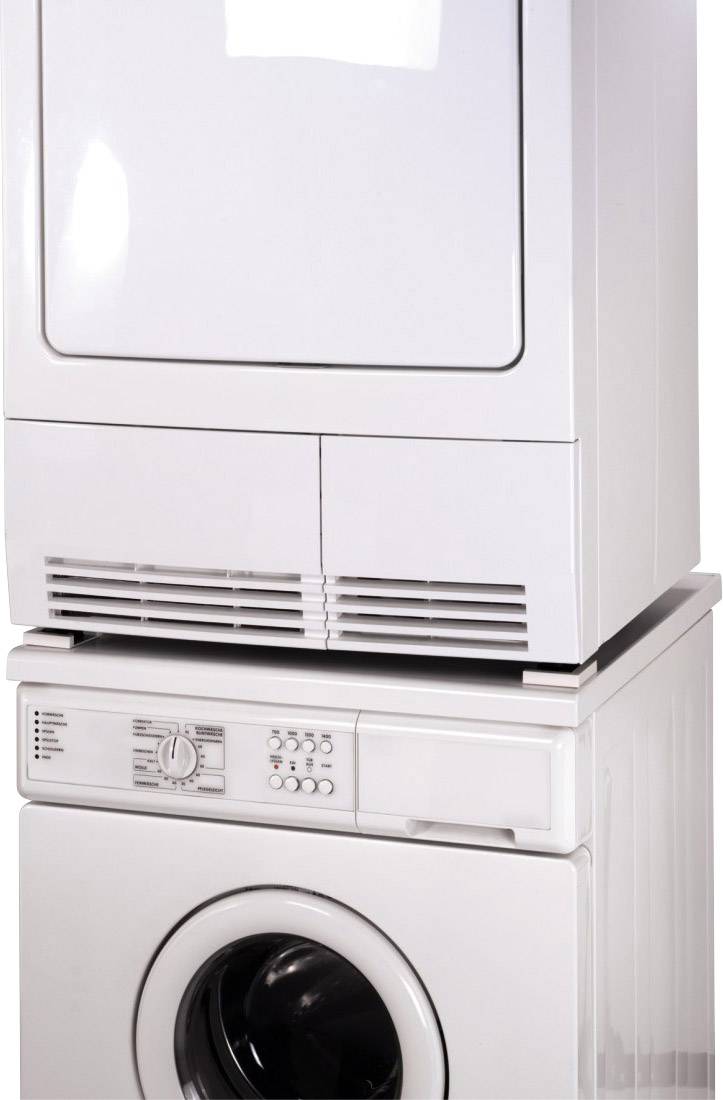 Washing machine and tumble dryer stacked on top of each other, white design, control buttons visible at the front.