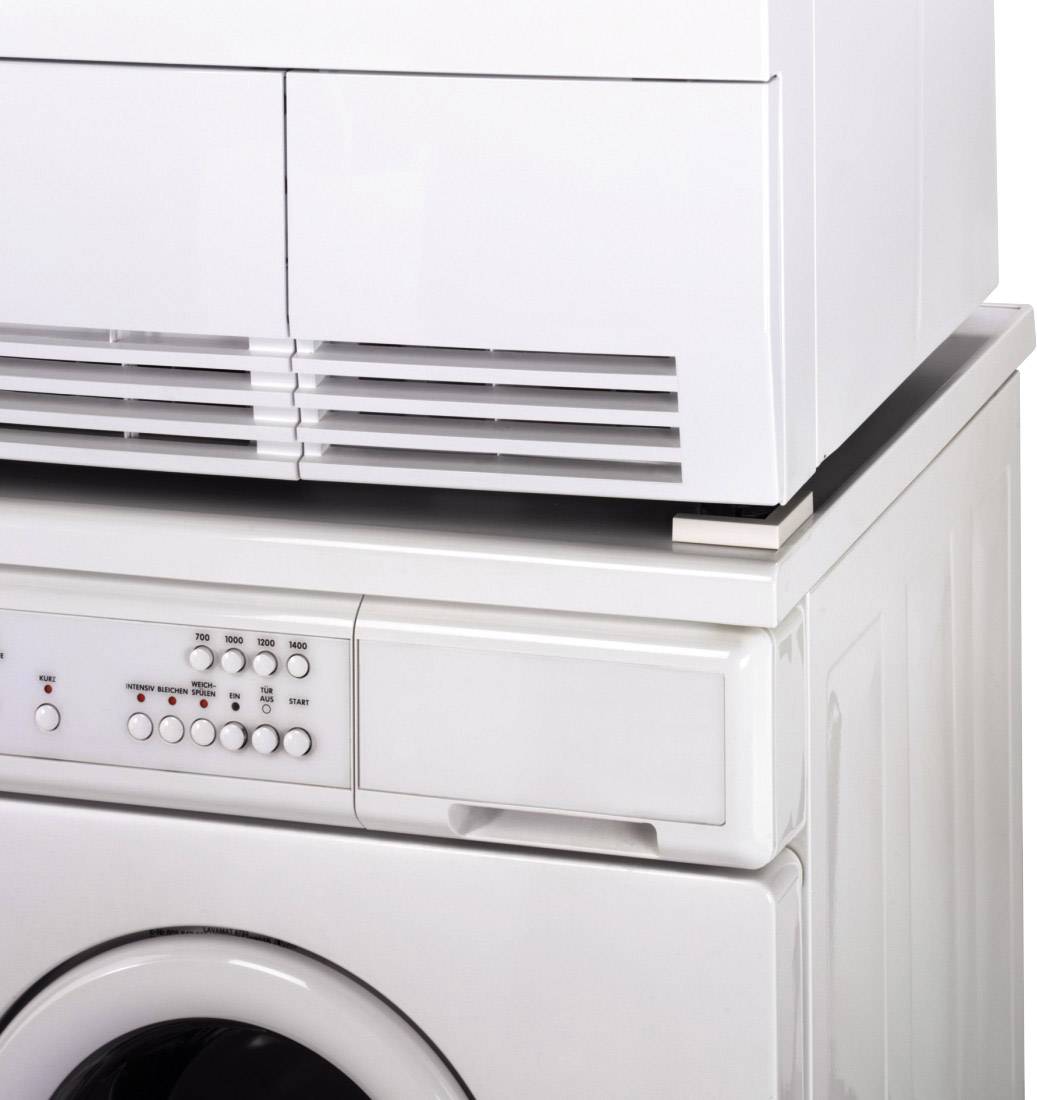 A white washing machine with a tumble dryer on top. Control panel with buttons and dials on the front.