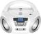 A portable white CD player with radio. The display shows the frequency '87.5'. Buttons for controlling volume and station.