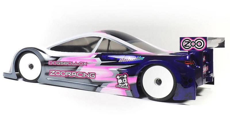 A remote-controlled model car with an aerodynamic design, pink and black graphics, and large white wheels, brand 'Zoo Racing'.