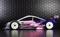 A remote-controlled car with a striking pink, white, and black design and brand logos on a glossy black background.